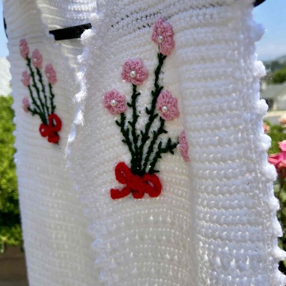 Vintage Crochet Knit Vest Floral Embroidery White Pink Womens OS - Picture 5 of 7